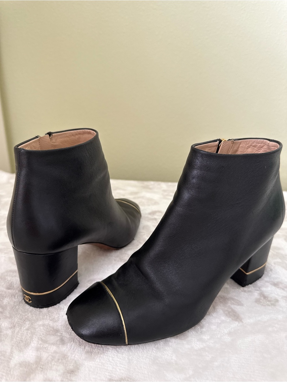 Chanel CC Logo Black Leather Booties with Gold Details
